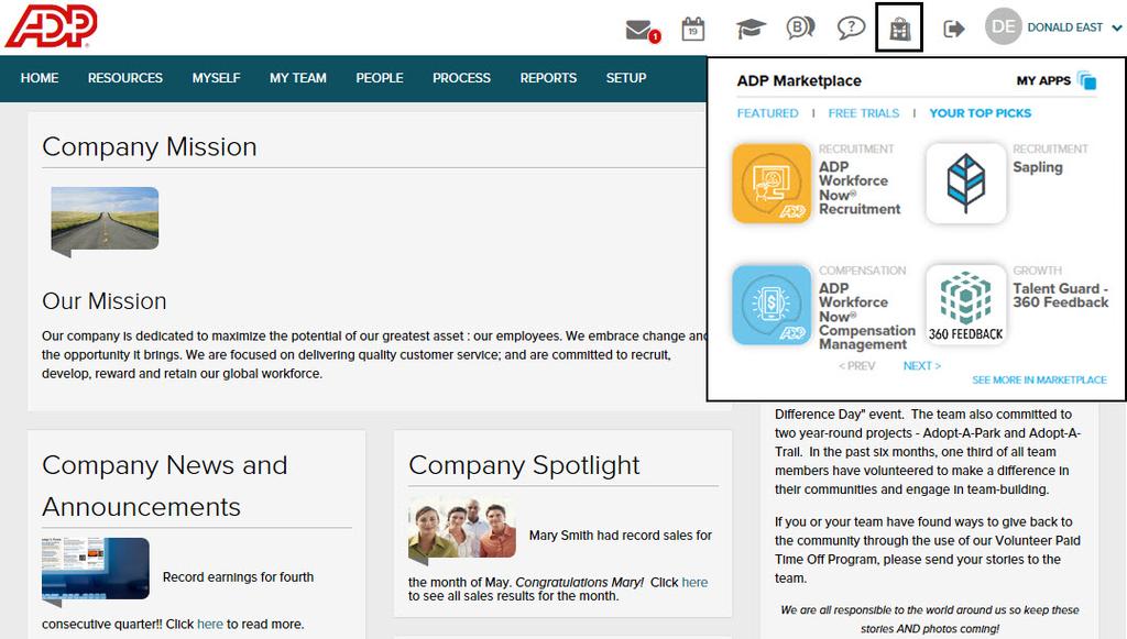 Marketplace Click (marketplace) to display the ADP Marketplace icon to explore an online store of HR