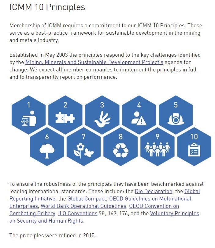 ICMM 10 Principles Membership of ICMM requ ires a commit ment to our ICMM 10 Principles. These serve as a best-practice framework for sustainable development in the mining and metals industry.