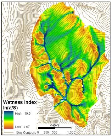 (a) ln (a/s) wetness index for a small watershed evaluated from a 30 m Digital Elevation Model.