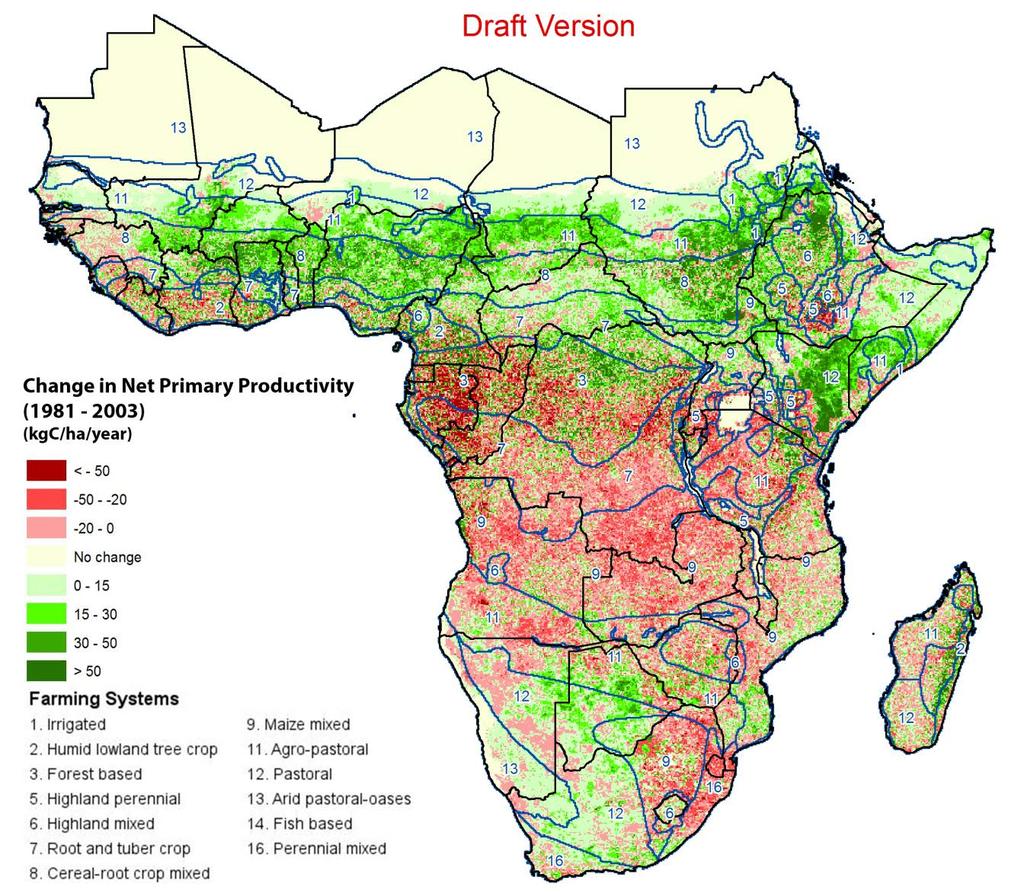 Figure 4-2 Map of the trend in biomass productivity by farming systems in Africa. Source: See Acknowledgements The amount of land subject to degradation is shown by farming system in Figure 4-2.