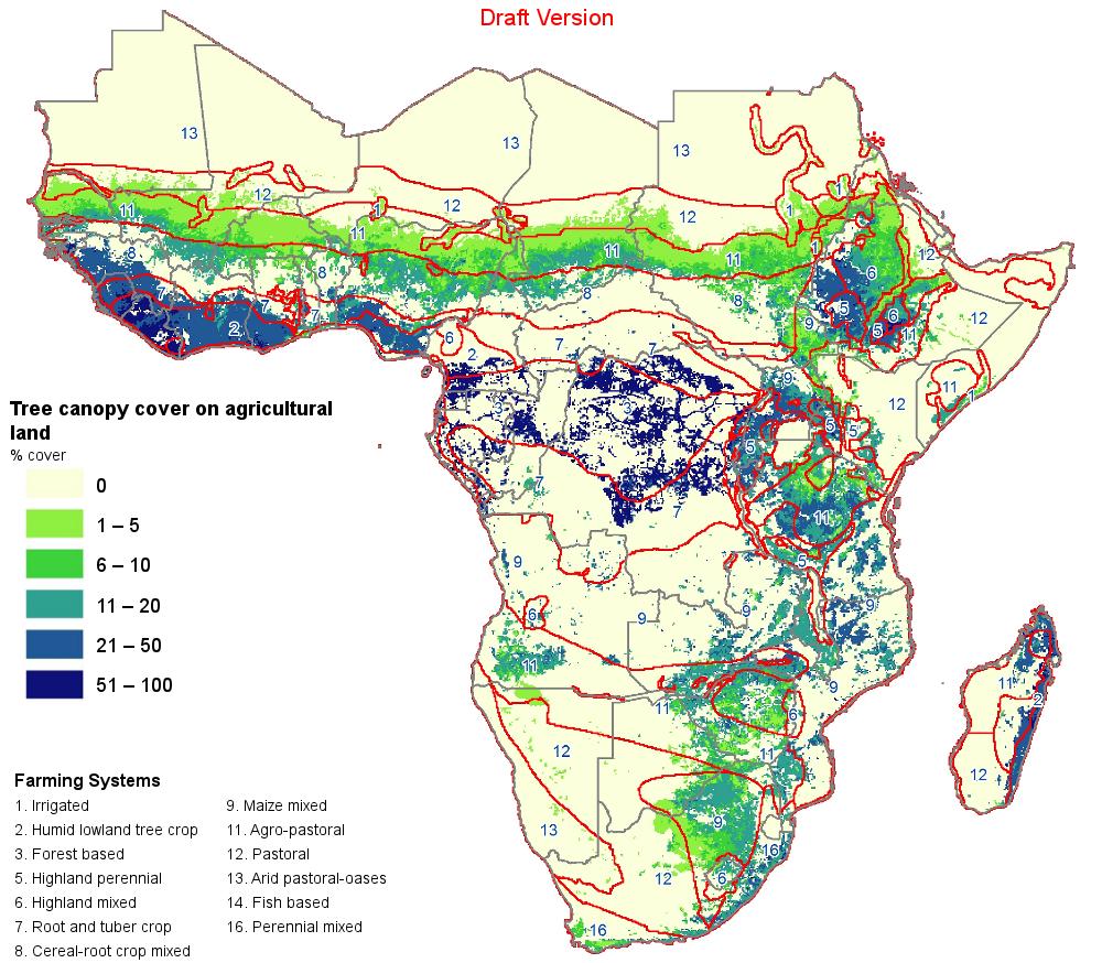 Figure 4-3 Map of tree cover in Africa by farming system. Source: See Acknowledgements 4.2.5 Water Management.