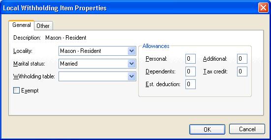Setup Example 2: Multi-state Locations and Local Taxes Appendix 11. Click the Item Properties button associated with the Mason - Resident withholding item. 12.