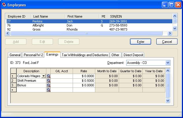 Appendix Setup Example 3: Multi-state Employees 15. Now return to the Earnings tab and select the second department in which Joel is active, Assembly - CO.