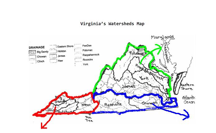 VIRGINIA S WATERSHEDS 21. What are the drainage locations for the three major watershed systems in Virginia? a. Chesapeake Bay b. North Carolina Sounds c. Gulf of Mexico 22.
