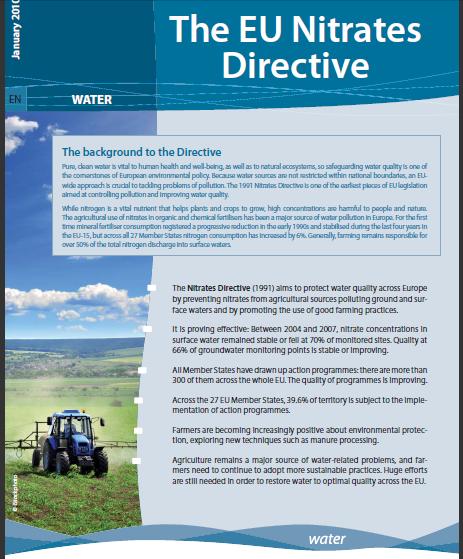 Nitrates pollution The Nitrates Directive (1991) aims to protect water quality across Europe by preventing nitrates from agricultural sources polluting ground and surface waters and by promoting the