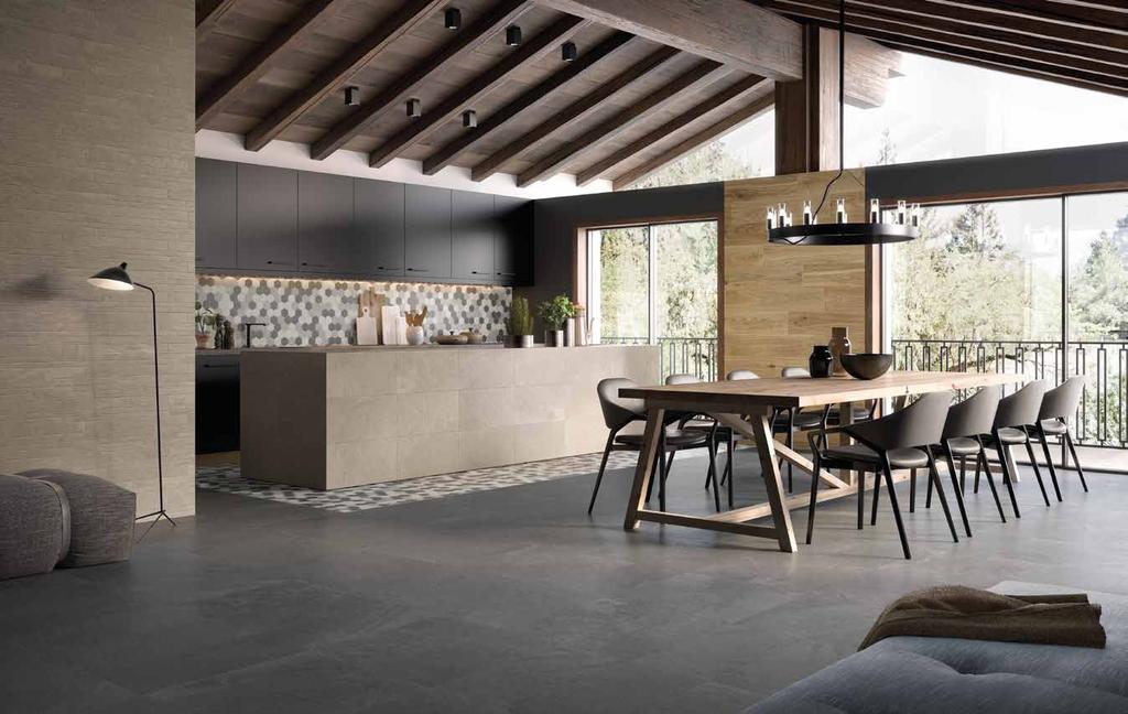 IMPECCABLE PERFORMANCE Trek combines the practicality, hygiene, durability and ease of cleaning of porcelain stoneware with aesthetic elegance and excellence, for rooms with floors and walls with