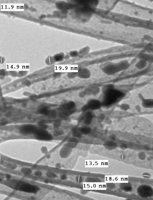 b TEM images of the iron catalysts a) Fe/np-CNT b) Fe/wp-CNT. Dark spots represent the iron oxide particles inside and outside of the nanotubes.