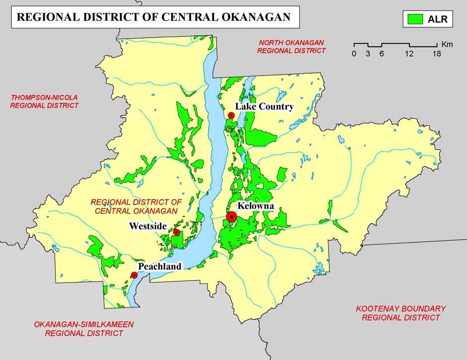 4 Agricultural Land Reserve = 27,305 hectares 4 Graph 2 - Jurisdictional Area & ALR - The ALR in the Regional District of Central Okanagan was designated on July 24, 1974 and today accounts for