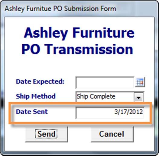 After the first two fields are filled in click the Send Button; the Purchase Order will be submitted and the Ashley Furniture PO