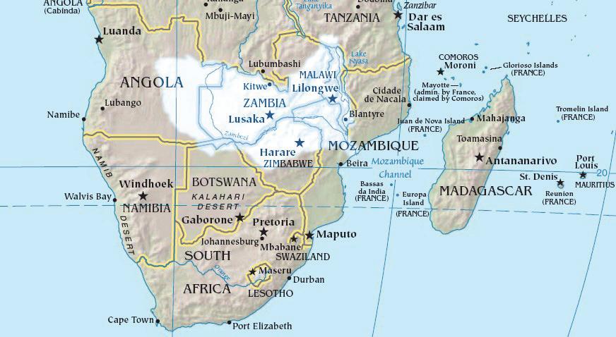 Figure 1: Map of greater southern Africa region, highlighting (in white) the ZRB. Source: http://en.wikipedia.