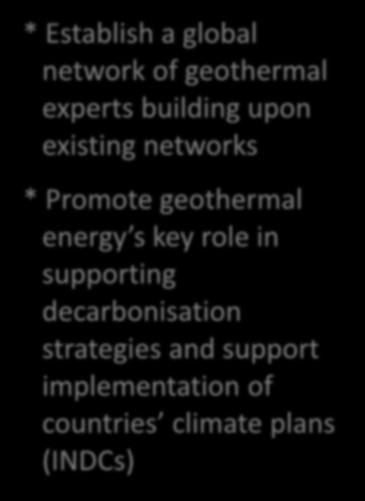 project development tools * Capacity building * Establish a global network of geothermal experts building upon existing networks *