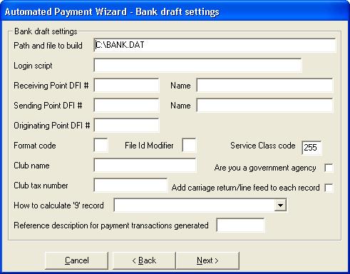 User Guide ClubConnect Accounts Receivable 6. Click Next. The Bank draft settings window appears. 7. In the DFI # fields, type the appropriate bank routing numbers. 8.