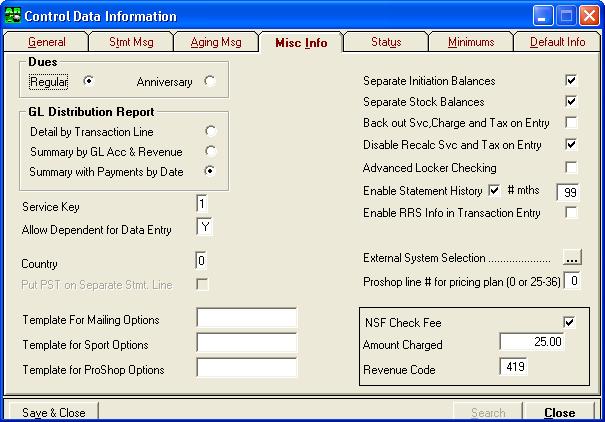 ClubConnect Accounts Receivable User Guide Miscellaneous Information The Misc Info tab in the control file allows you to enable different software features and set up the operating format.