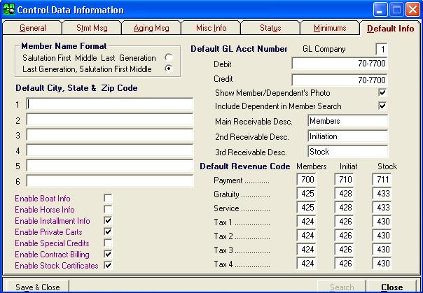 ClubConnect Accounts Receivable User Guide Default Information The Default Info tab in the control file allows you to setup default information, enable different membership options, and manage some