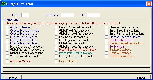 User Guide ClubConnect Accounts Receivable Purge Member Audit Trail This tool allows permanent changes to the audit trails of various activity types.