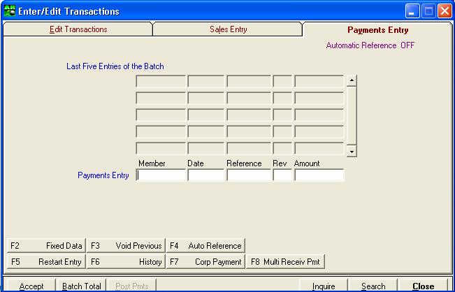 ClubConnect Accounts Receivable User Guide Payments With ClubConnect Accounts Receivable, payment transactions are entered in a separate payments batch. Entering a New Payment Entry 1.
