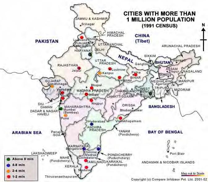 No. of Million plus Cities = 23 (1991) = 35 (2001) = 50 (estimated for 2011). Total Population of 35 Million plus Cities = 107.