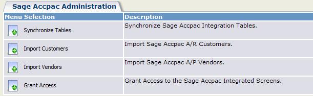 Populating Sage CRM with Sage ERP Accpac Data The Import Customers and Import Vendors functions let you import a range of customers and vendors from Sage ERP Accpac Accounts Receivable and Accounts
