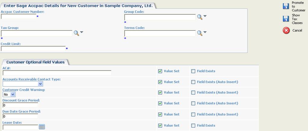 For example, if promoting to a customer, the Enter New Customer screen is displayed. Customer fields: 5. Enter the details. The following table explains the standard fields.