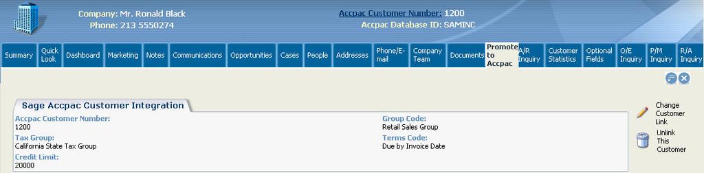 Customers/Vendors, the Promote To Accpac tab shows the Sage ERP Accpac Customer/Vendor Integration screen: The Change Customer/Vendor Link button allows you to