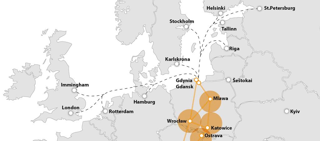 Baltic trains service fast access to UK, Scandinavia, Russia and ocean services Regular service anticipated between Wroclaw, Katowice