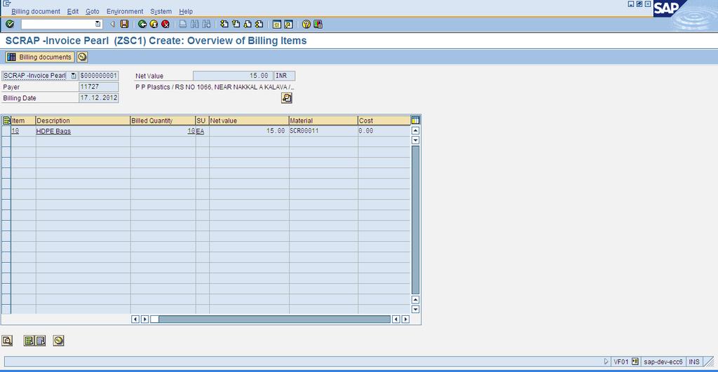 BILLING DOCUMENT - HEADER VIEW If the billing date needs to be changed, please click on