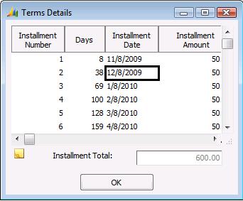 Transaction Screens 135 Terms Details Figure 70: Terms Details Used to view and/or enter the installment details when installment terms are specified on Voucher and Adjustment Entry (03.010.00).