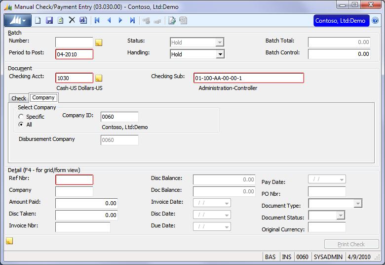 Transaction Screens 161 Manual Check/Payment Entry, Company Tab Note: The Multi-Company module must be installed for access to this tab. Use to the Manual Check/Payment Entry (03.030.