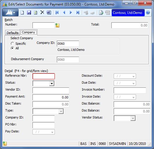 Transaction Screens 169 Edit/Select Documents for Payment, Company Tab Use to specify the company to select for payment. Figure 90: Company tab of Edit/Select Documents for Payment (03.050.