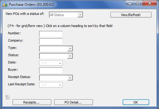 188 Accounts Payable Purchase Orders (03.200.02) Use to look up information on a purchase order. Figure 97: Purchase Orders (03.200.02) View POs with a status of Status of the purchase orders to view.