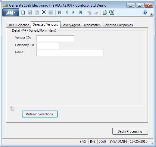 Process Screens 281 Generate 1099 Electronic File, Selected Vendors Tab Use the Selected Vendors tab to review the vendors selected for processing.