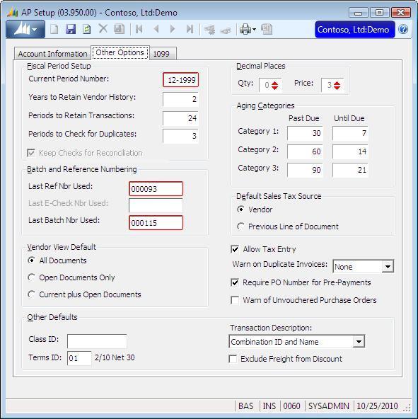 294 Accounts Payable AP Setup, Other Options Tab Use to make system-level decisions that affect the operation of the Accounts Payable module; formats for batch and reference numbers; viewing options