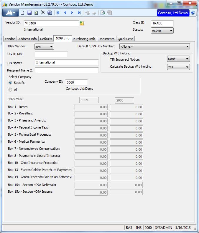 Setting Up Vendor Accounts 27 Establishing a Vendor s 1099 Year Balances Current and prior year 1099 box amounts for a vendor can be established. Figure 10: 1099 Info tab on Vendor Maintenance (03.