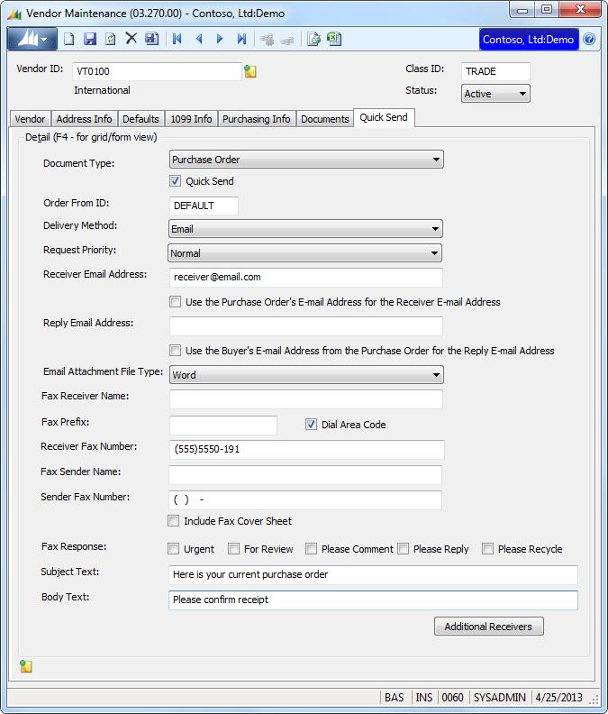 32 Accounts Payable Entering Vendor Quick Send Preferences To allow purchase orders for a vendor to be sent electronically, create the vendor s Quick Send preferences on the Quick Send tab on Vendor