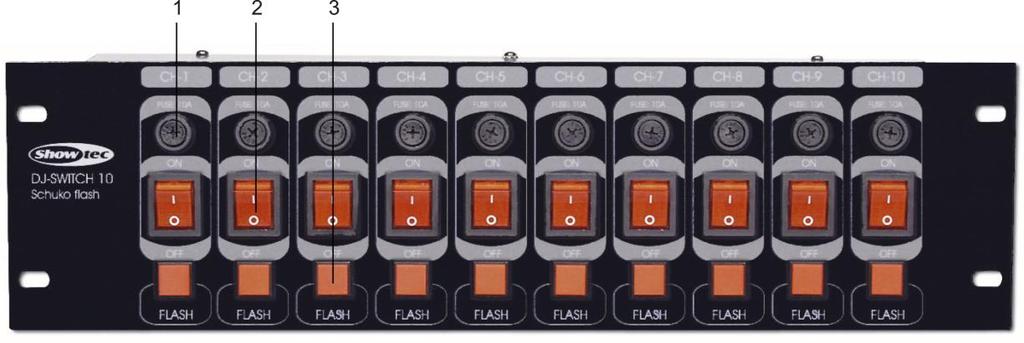 Description of the device Features 10 Channel switchboard with flash buttons 10A per Channel IEC Socket on the backside Overview Fig.