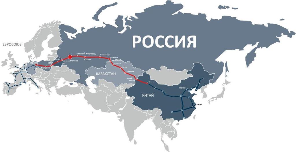 High-Speed Freight Transport Eurasia project Operating HSR networks in Europe and China EU RUSSIA Paris Berlin Minsk Brest Warsa w Nizhny Novgorod Kaza Moscow Krasnoe n Ekaterinburg Chelyabinsk
