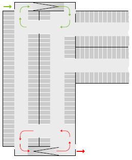 The traffic flow design inside of a parking facility is dependent upon factors such as the entrance/exit requirements, ramp approaches, and the need for safe pedestrian / traffic passageways.