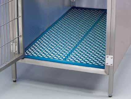This system incorporates PVC coated floors through which fluids and some solid waste pass allowing your patients/boarders to remain clean and dry.