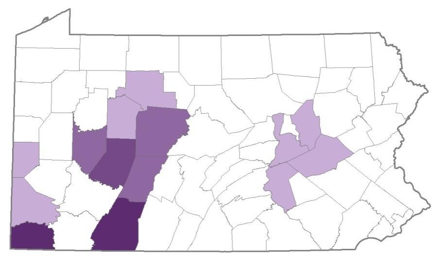 Figure 11 - Number of employees in underground Pennsylvania coal mines by county (2011) No underground mine employees 1-50 mine employees 51-100 mine employees 101-250 mine employees 251-500 mine