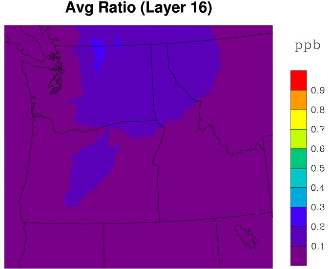 Figure 9. Ratio of layer-16 O3 tracer to AIRPACT- 4 surface O3, May 2013. Figure 12. Ratio of layer-16 O3 tracer to AIRPACT-4 surface O3, August 2013.
