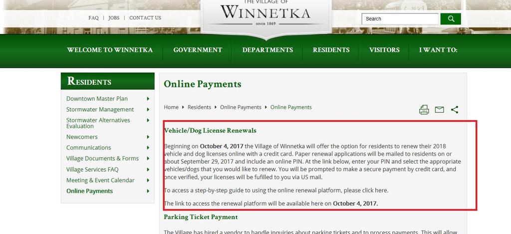 Start by navigating to the Village of Winnetka homepage, http://www.villageofwinnetka.