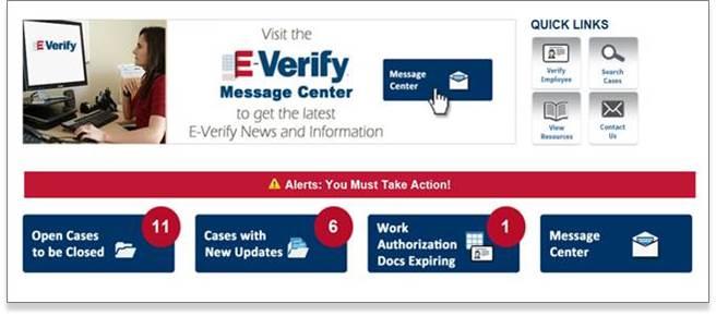 E-Verify user home page display with case alerts.