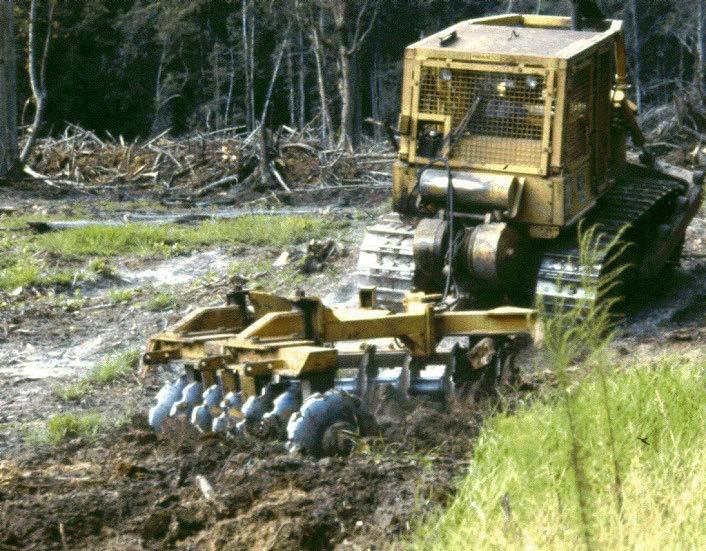 Instead of doing separate clearing, then raking, and finally tilling passes on the site, combination plows attached to tractors are used to shear and clear debris, subsoil, and make planting