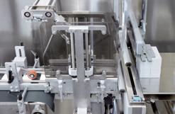 The folding cartons can be stacked either lying down or standing up on edge. A carton feed system can be configured on the front of the machine if necessary.