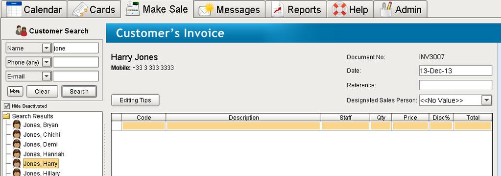 2) This will open a blank invoice screen, which will default to the casual customer profile.