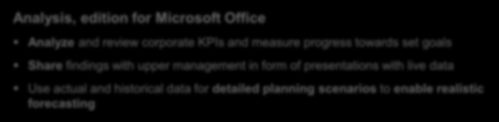 Analysis, edition for Microsoft Office Analyze and review corporate KPIs and measure progress towards set goals Share findings with upper management in form of presentations with live data Senior