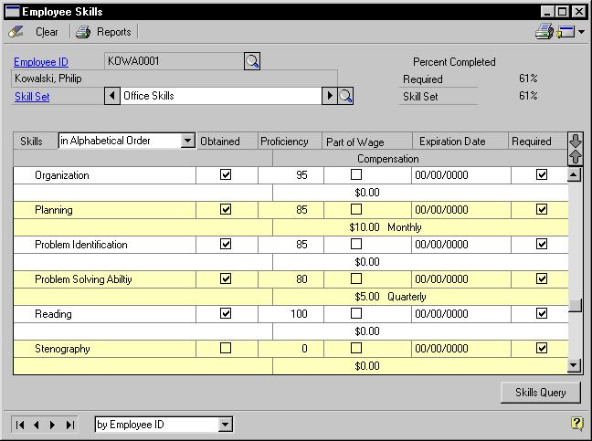 PART 5 EMPLOYEE ASSETS To assign skills to an employee record: 1. Open the Employee Skills window. (Cards >> Human Resources>> Employee >> Skills) 2. Enter or select an employee ID. 3.