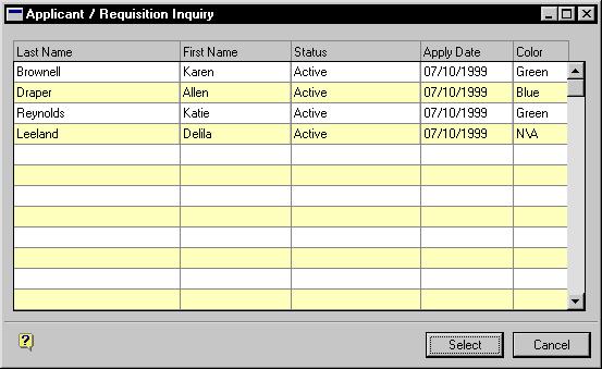 PART 1 APPLICANTS 3. Choose the Applicants Applied field to open the Applicant / Requisition Inquiry window. 4. Close the window when you re finished.
