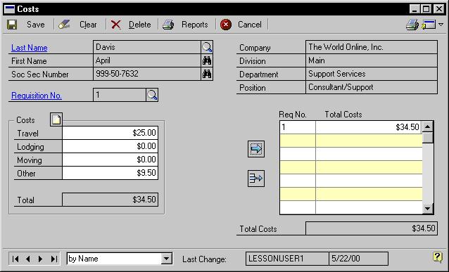 CHAPTER 1 REQUISITIONS AND APPLICANT COSTS To add applicant cost information: 1. Open the Costs window. (Cards >> Human Resources >> Applicant >> Costs) 2.