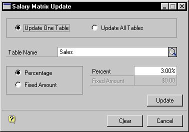 PART 9 ORGANIZATION EXPLORER AND SALARY MATRIX 2. Choose Update. The Salary Matrix Update window will open. 3. Mark Update One Table or Update All Tables. 4.